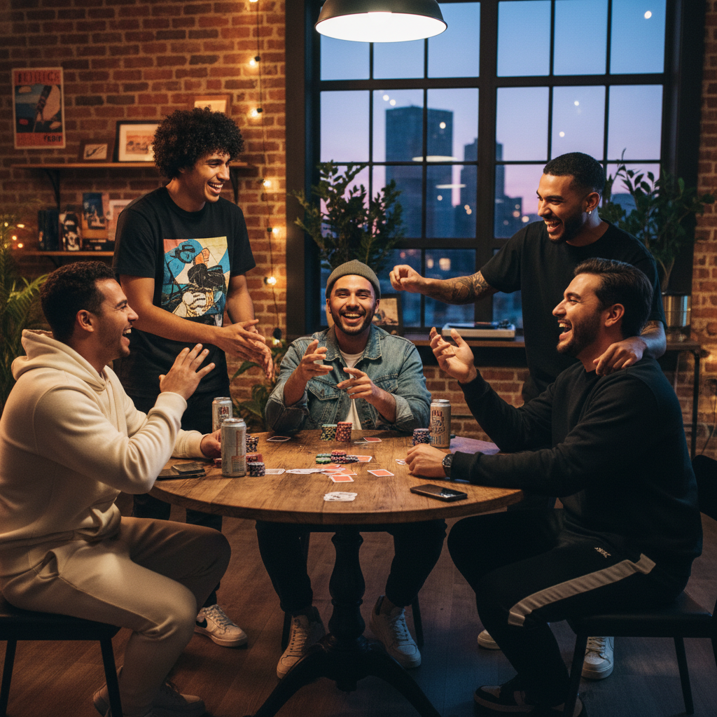 Gen Z (21 to 35 years old) men expressing masculinity and solidarity, having fun playing poker together. The scene should feel youthful and energetic, showing genuine camaraderie.