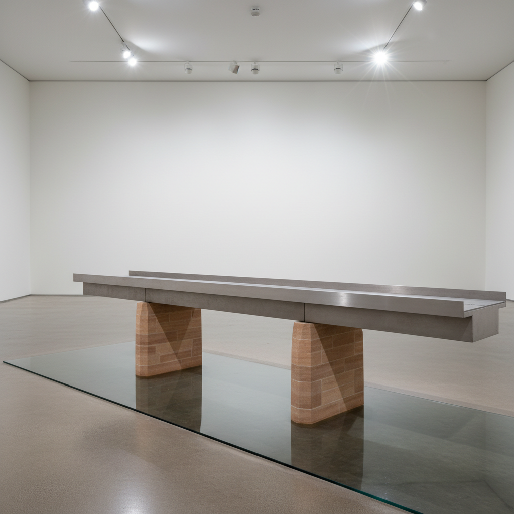 A sturdy, architectural model of a bridge made from brushed steel and warm, neutral-toned stone, spanning over a shallow, glassy pool. The bridge features clean, geometric lines and meticulously detailed supporting pillars. It is placed in a minimalist, open gallery space with smooth concrete floors and a wide, neutral wall behind. Cool overhead lighting casts crisp, symmetrical shadows, enhancing the bridge’s structured aesthetic and the surrounding open space. The photographic realism and slightly elevated angle give a sense of connection, strategy, and resilience—symbolic of community bridges. The overall scene feels professional, calm, and deeply intentional, visually expressing the theme of community resilience and integration.