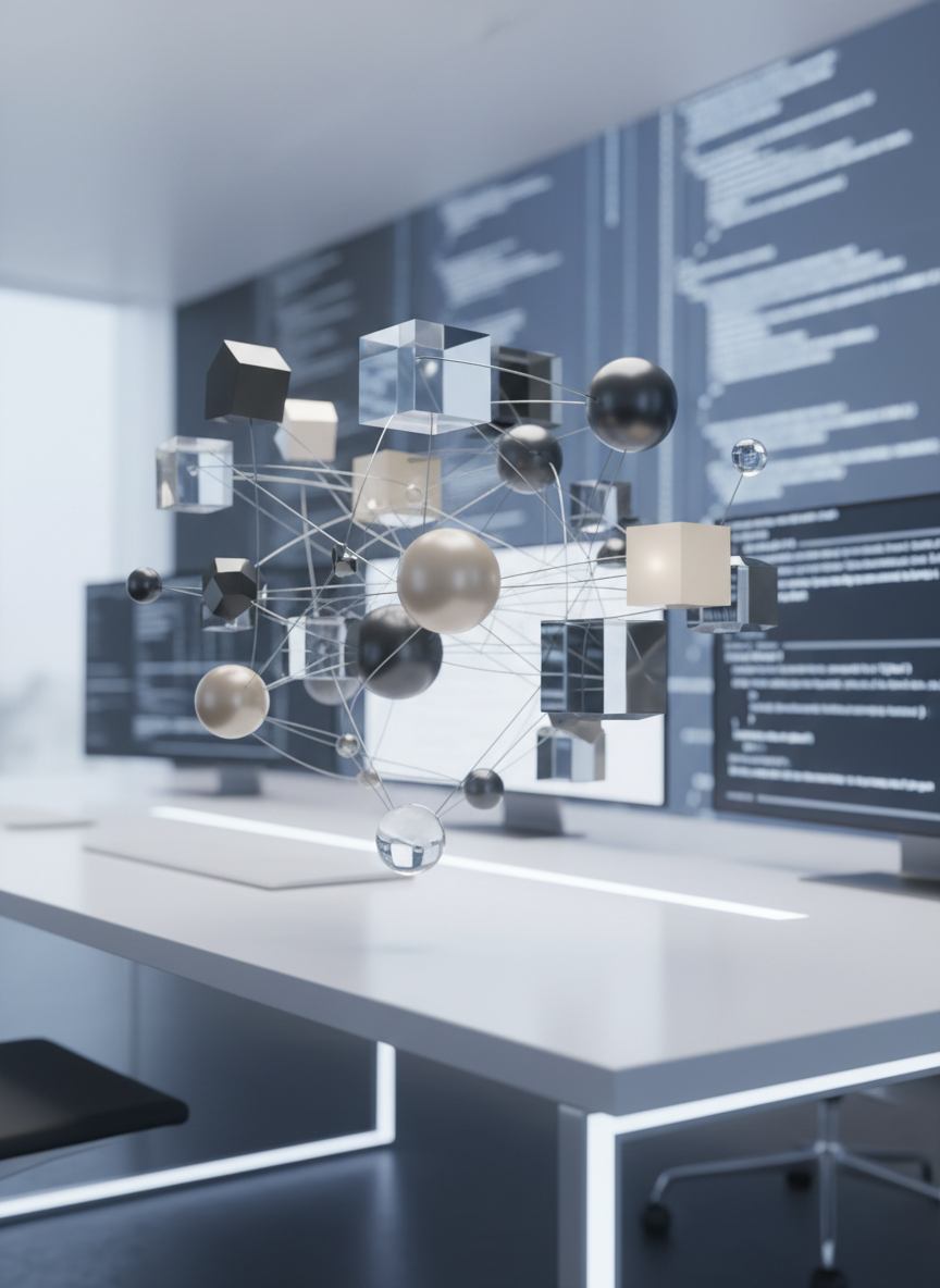 A visually striking abstract representation of interconnected data nodes: refined, semi-transparent geometric shapes in neutral grays and soft beiges, linked by glowing silver lines, float over a subtle, blurred background of structured code patterns. The setting is a clean, minimalist digital workspace, evoking the fusion of algorithmic intelligence and research methodology. Cool, studio-white lighting creates delicate highlights and soft reflections on the node surfaces, lending depth without distracting from clarity. Captured from a slightly elevated angle with sharp focus on the central network, this composition has a balanced, organized rhythm, giving an impression of calm, systematic analysis. The style is photographic realism with a corporate, modern edge, embodying the site's focus on algorithmic, interdisciplinary expertise.