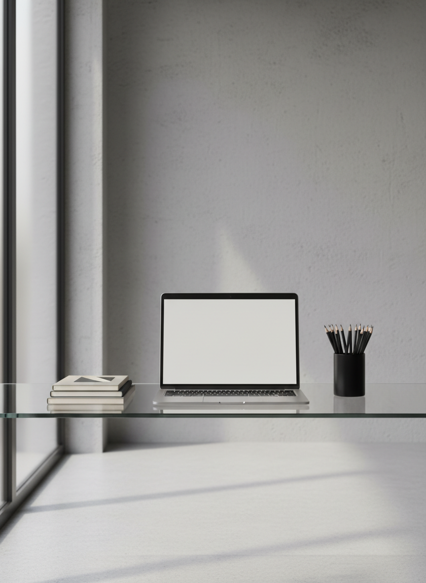 An organized workspace scenario featuring a sleek, modern glass-topped desk with a matte silver laptop, a subtle stack of well-designed notebooks, and a neat arrangement of graphite pencils in a minimalist black holder. The desk sits against a textured, pale gray wall, with an open space emphasizing clear structure and order. Soft, diffused natural light from a nearby frosted window bathes the scene, casting gentle, elongated shadows and highlighting the clean lines and smooth surfaces. The overall mood is calm, focused, and professional, with photographic realism and a structured composition using balanced symmetry and sharp focus to create a modern, corporate feel. This image suggests a disciplined approach to interdisciplinary work and clean thinking.