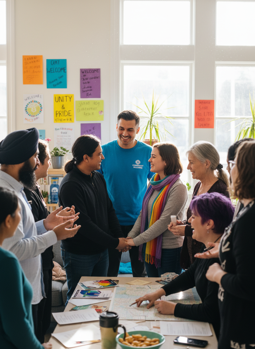 A male community worker engaging with immigrants and 2SLGBTQ+ individuals, showing support and collaboration in a positive, inclusive setting. Diverse group, welcoming atmosphere, realistic style.